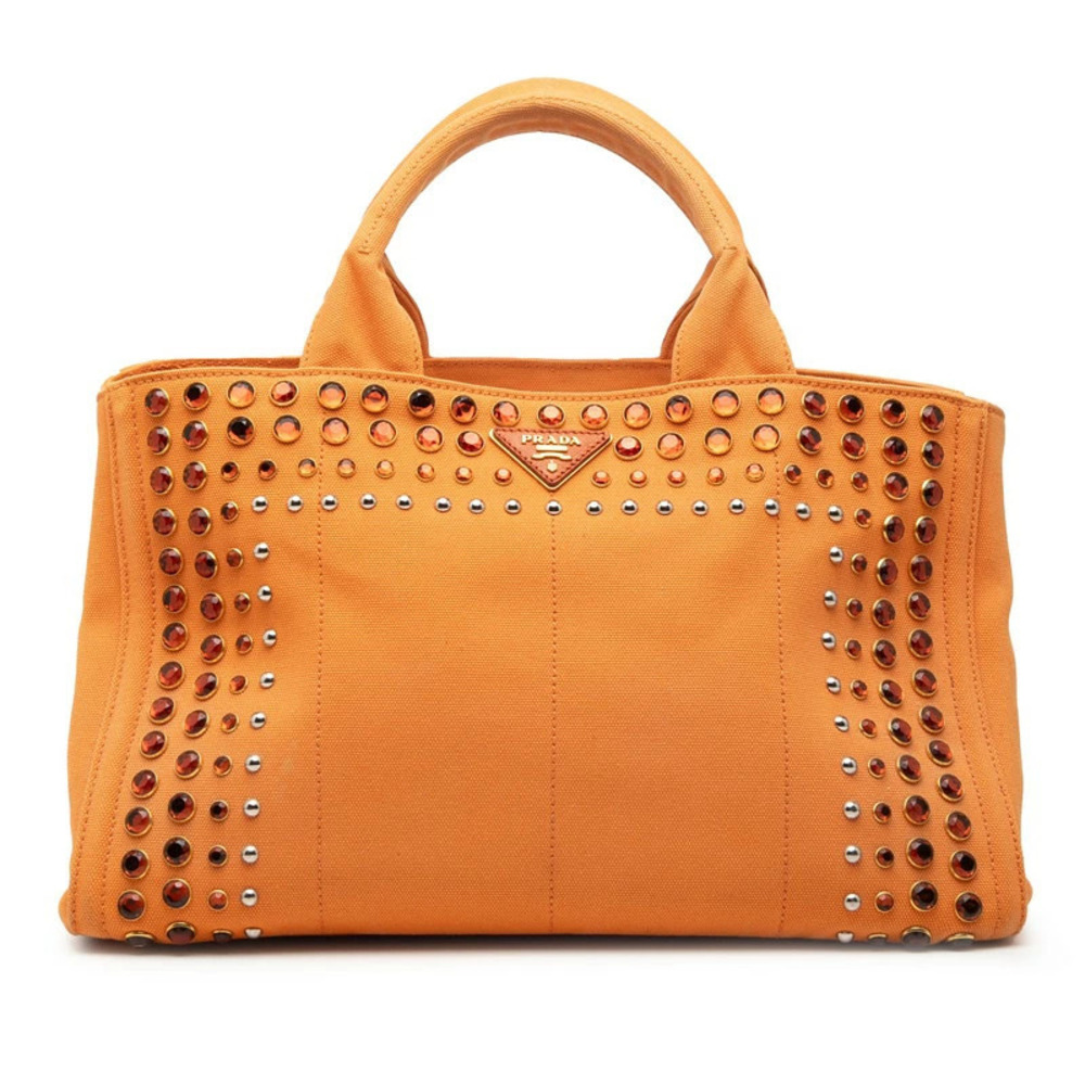 Prada Canapa handbag tote bag triangular plate orange canvas embellished